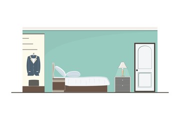 Interior green bedroom design with furniture, bed, wardrobe and accessory, vector illustration