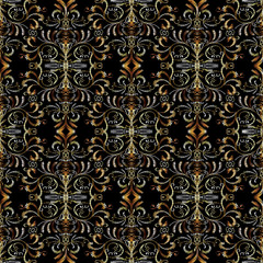 Floral embroidery seamless pattern. Tapestry damask background. Gobelin vector texture. Embroidery grunge gold flowers, leaves, embroidered ornaments. Design for fashion textile, wallpapers, fabric