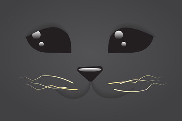 Simple cartoon flat cat face closeup on a black background. Vector Illustration.