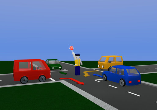 Verkehrsregelung durch einen Polizisten mit Richtungspfeilen: für orange Ampelphase mit Kreuzung und bunten Autos.
