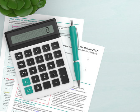 3d render of UK tax form with calculator