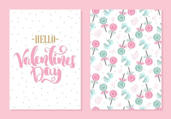 Set of romantic greeting cards on Valentine's Day. Elements and text. Vector illustration.
