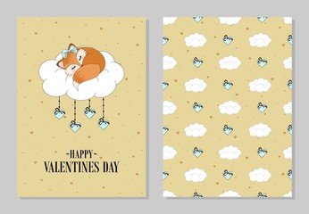 Set of romantic greeting cards happy Valentine's day. Fox on the cloud. Vector illustration.
