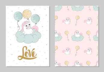 Set of Romantic greeting card Valentines Day with a cute unicorn. Elements and text. Vector illustration.