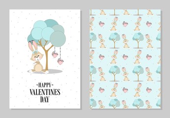 Romantic set. Postcard Valentine's Day with cute bunnies. Inscription. Vector illustration.