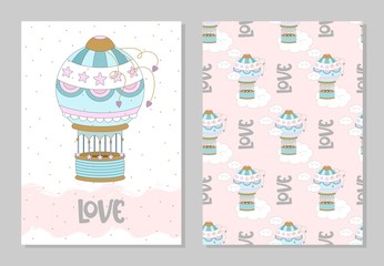 Set of romantic greeting cards happy Valentine's day. Balloons, and decals. Vector illustration.