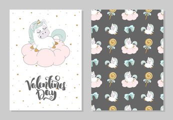 Set of Romantic greeting card Valentines Day with a cute unicorn. Elements and text. Vector illustration.