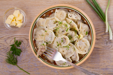 Pelmeni. Dumplings, filled with meat, ravioli