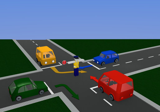 Verkehrsregelung durch einen Polizisten mit Richtungspfeilen: Stopp mit Kreuzung und bunten Autos.