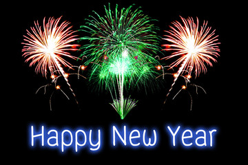 Happy New Year text with fireworks background