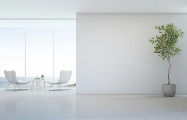 Tapeten Zimmerpflanze auf weißem Boden mit leerem Betonwandhintergrund, Lounge und Couchtisch in der Nähe des Glasfensters im Wohnzimmer mit Meerblick eines modernen Luxusstrandhauses oder -hotels - Inneneinrichtung 3D-Darstellung © terng99
