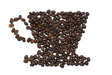 Coffee beans in coffee cup shape isolated on white background
