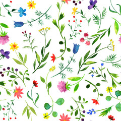 seamless pattern with watercolor doodle plants and flowers