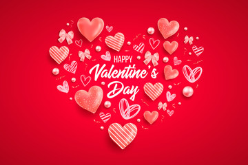 Saint valentine day background with colorful hearts with frame. Happy valentines day and weeding design elements. Vector illustration. Pink Background With hearts. Doodles and curls. Be my valentine.