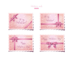 Valentine vintage set. Vector retro pink Valentine's cards with pink bows and ribbons.