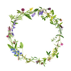 Fototapeta premium watercolor wreath flowers and plants
