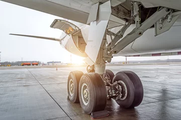 Fotobehang Wheels rubber tire rear landing gear racks, under wing view. © aapsky