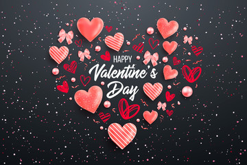 Saint valentine day background with colorful hearts with frame. Happy valentines day and weeding design elements. Vector illustration. Pink Background With hearts. Doodles and curls. Be my valentine. - obrazy, fototapety, plakaty