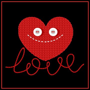 Fun knitted heart for Valentines day design. love. Valentine. Eye buttons. Funny image. Holiday card.Vector.