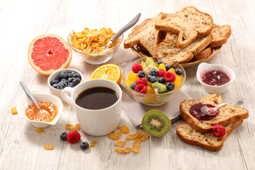 breakfast with fruit,coffee cup and bread