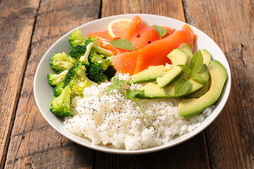 bowl of rice,salmon,broccoli and avocado