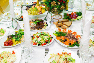 Snacks and delicacies at the Banquet table. Catering. Celebration or wedding. Buffet.