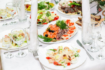 Snacks and delicacies at the Banquet table. Catering. Celebration or wedding. Buffet.