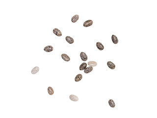 Close up photo of some chia seed spread out on white background