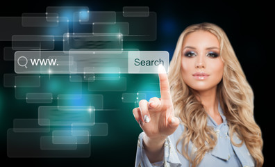 Young Businesswoman Touching Virtual Web Browser Address Bar or Search Bar with Loupe Sign