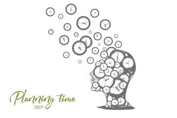 Planning time concept. Hand drawn human head with a lot of clocks. Time management idea isolated vector illustration.