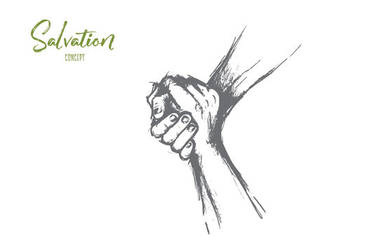 Salvation concept. Hand drawn helping hand outstretched for salvation Two hands united in a handshake isolated vector illustration.