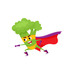 vector flat cartoon broccoli character in red cape, mask standing in fight position. Isolated illustration on a white background. Funny fruit, vegetable super hero protecting people health