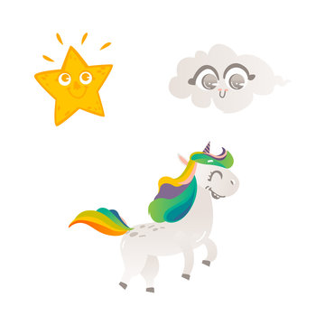Vector cartoon funny stylized unicorn walking, smiling with rainbow colorful hair and horn, sun star, smiling cloud set. Fairy mysterious creature, isolated illustration on a white background