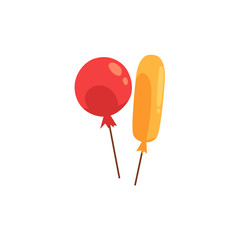 Two shiny colorful balloons, birthday party decoration element, cartoon vector illustration isolated on white background. Couple of colorful shiny balloons, round red and long yellow