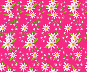 Seamless pattern with chamomile and bell flowers on pink background, vector illustration, textile, wrapping paper, backdrop design. Textile, wrap design with seamless pattern of spring meadow flowers