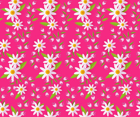 Seamless pattern with chamomile and bell flowers on pink background, vector illustration, textile, wrapping paper, backdrop design. Textile, wrap design with seamless pattern of spring meadow flowers