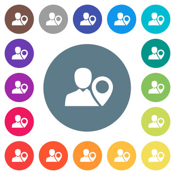 User location flat white icons on round color backgrounds