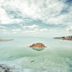 View of Dead Sea coastline at sunset, Israel Vintage filter applied