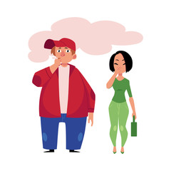 Young man smoking cigarette and woman coughing, covering mouth with hand, cartoon vector illustration isolated on white background. Portrait of plump man smoking cigarette, woman coughing from smoke