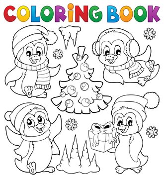 Coloring book Christmas penguins 1