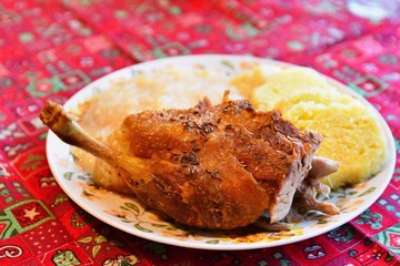 Baked duck. Traditional Czech delicious dishes from meat, cabbage and dumplings. Lunch on a festive day during Christmas.
