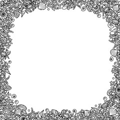 Черно-белая квадратная бесшовная векторная рамка из контурных изображений кораллов, морских ракушек и крабов по краю