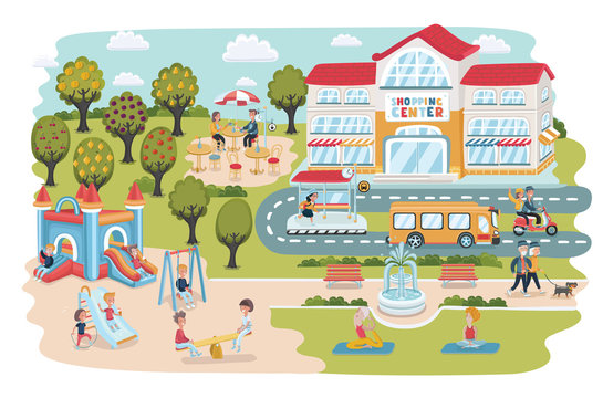 Travel infographic design elements. Sea resort landscape infographics elements with people swimming and surfing tanning in the sun, playing beach ball on sand, cycling, vector illustration