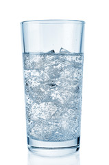 Glass with pure sparkling soda and ice on white background