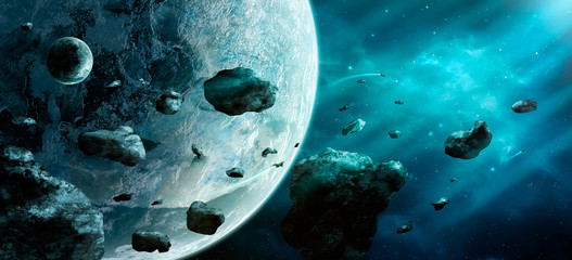 Space scene. Blue nebula with asteroids and two planet. Elements furnished by NASA. 3D rendering © Space Creator
