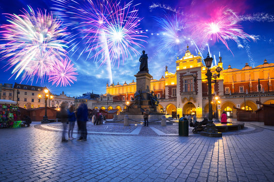 New Years firework display over the Main Square in Krakow, Poland