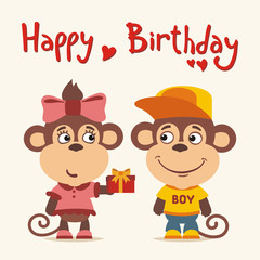 Happy birthday! Greeting card: funny monkey girl gives gift to boy monkey for birthday. - 185987379