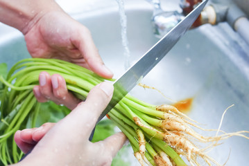 Cutting And Washing Fresh Green Vegetables At Kitchen Sink