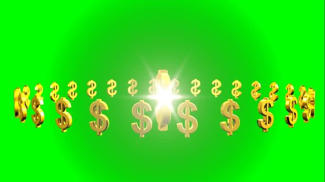 Rotazione di simboli del dollaro intorno ad un simbolo pi&ugrave; grande splendente su sfondo chroma key