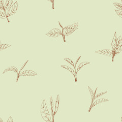 seamless pattern with green tea, hand-drawn leaves and branches of tea